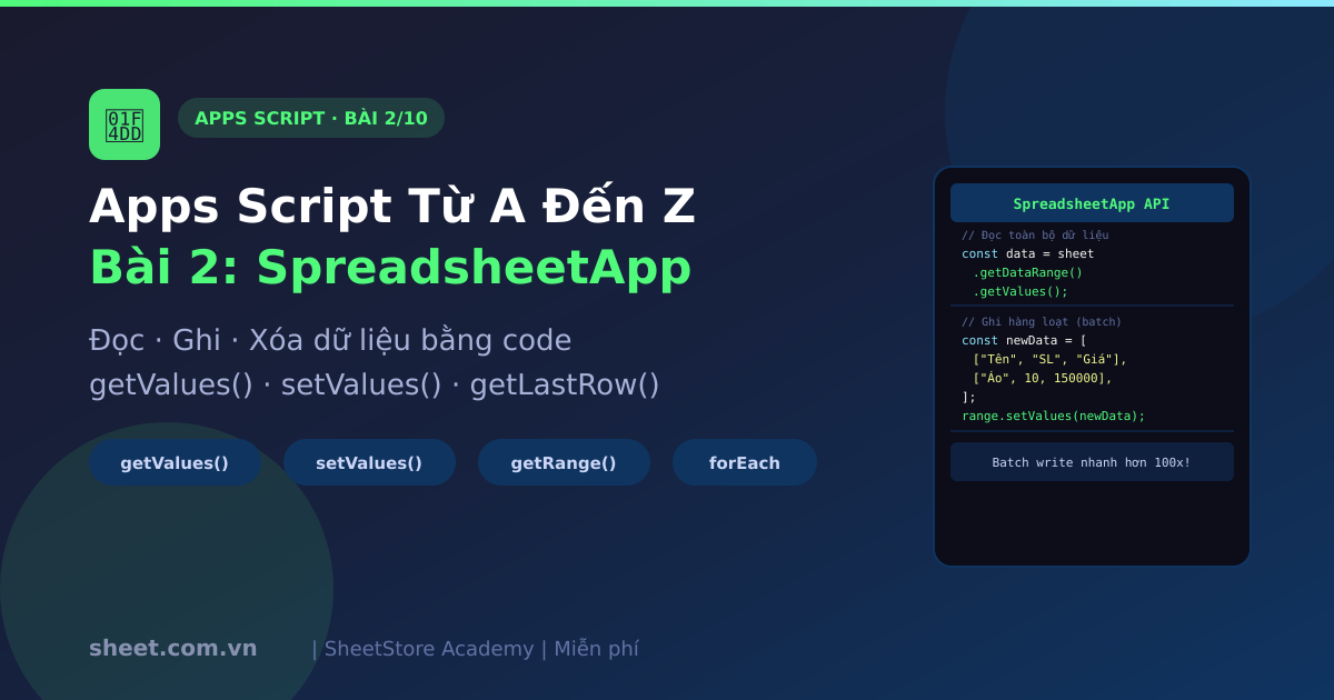 Apps Script Từ A Đến Z - Bài 2: SpreadsheetApp - Đọc, Ghi và Xử Lý Dữ Liệu