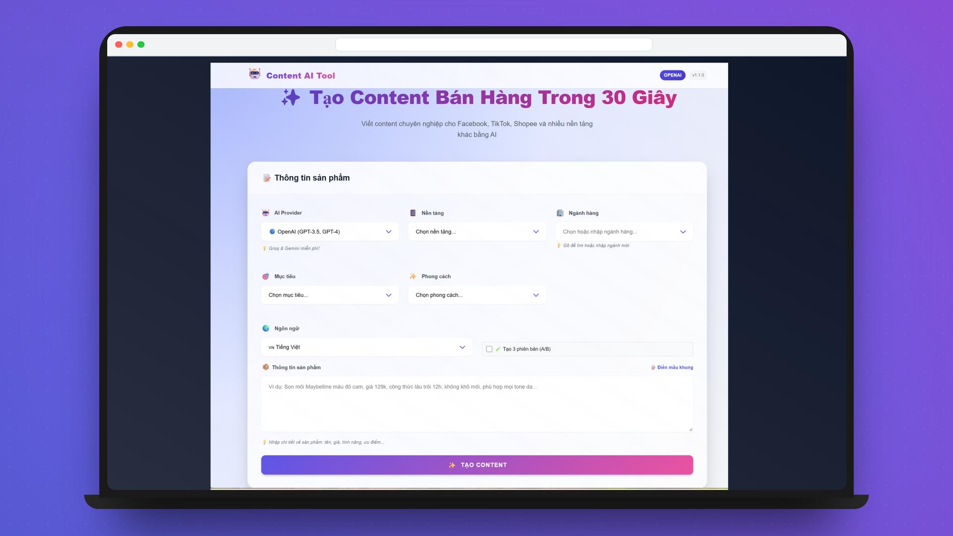 Giao diện phần mềm Content AI trên Google Sheets