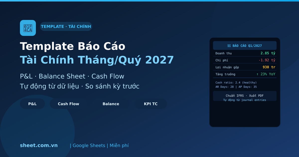 Template Google Sheets Báo Cáo Tài Chính Tháng và Quý 2027: Tự Động Từ Sổ Sách