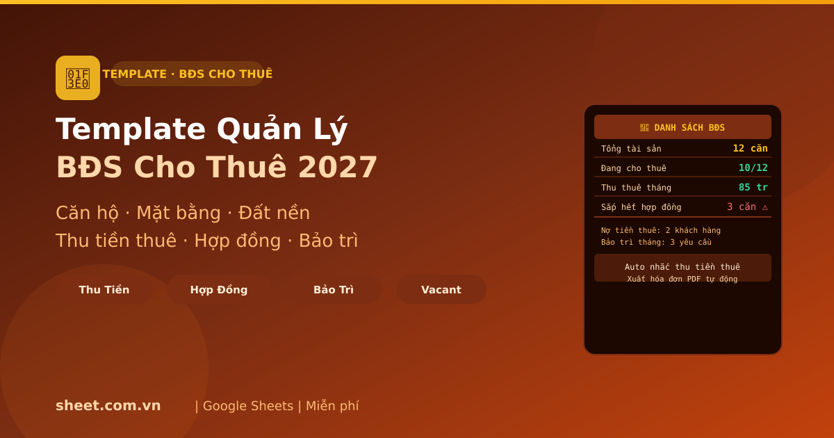 Template Google Sheets Quản Lý Tài Sản Cho Thuê Bất Động Sản 2027: Phòng Trọ Đến Căn Hộ