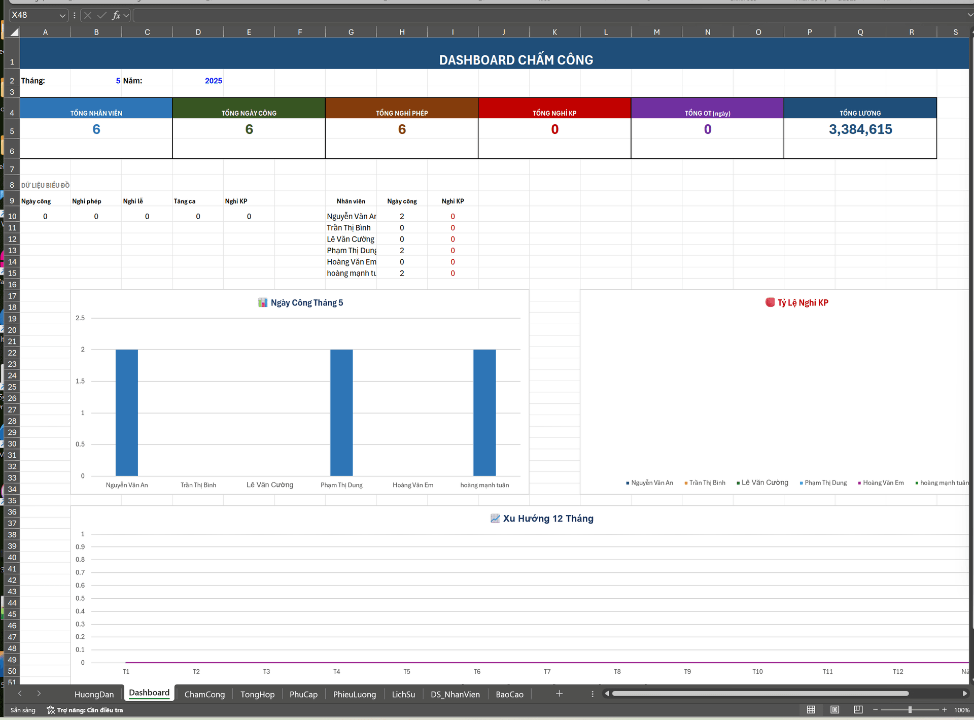 Giao diện file chấm công và quản lý lương Excel