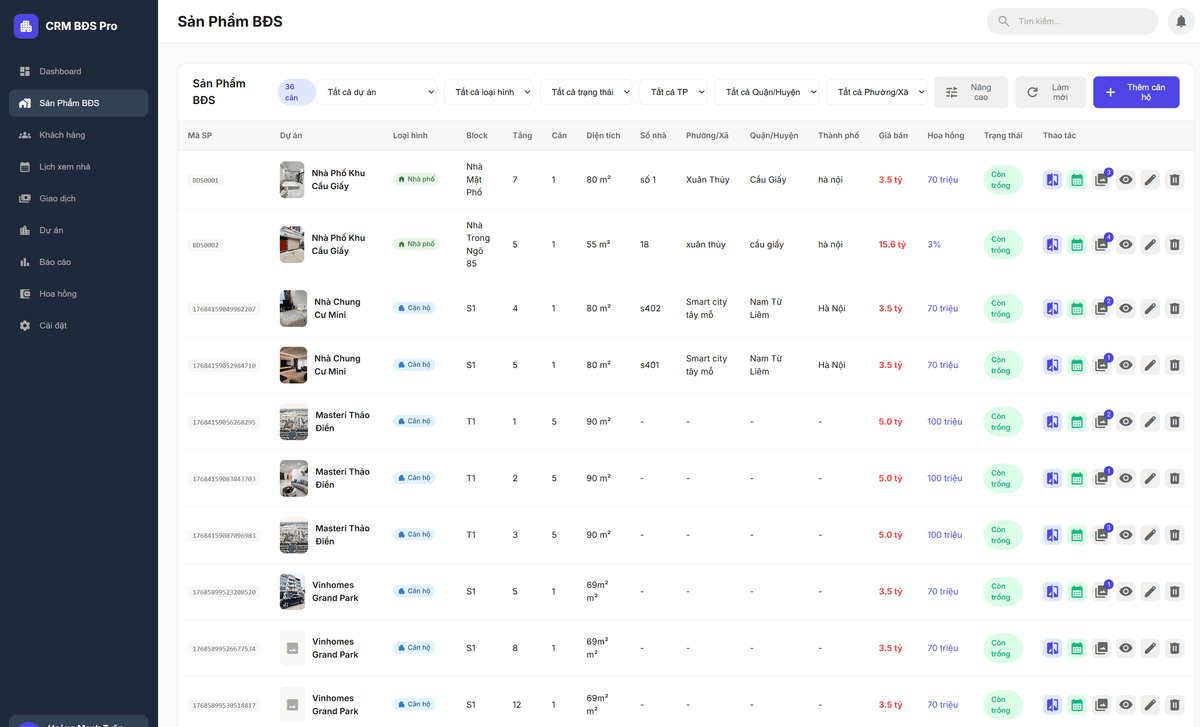 Giao diện CRM quản lý bất động sản 2