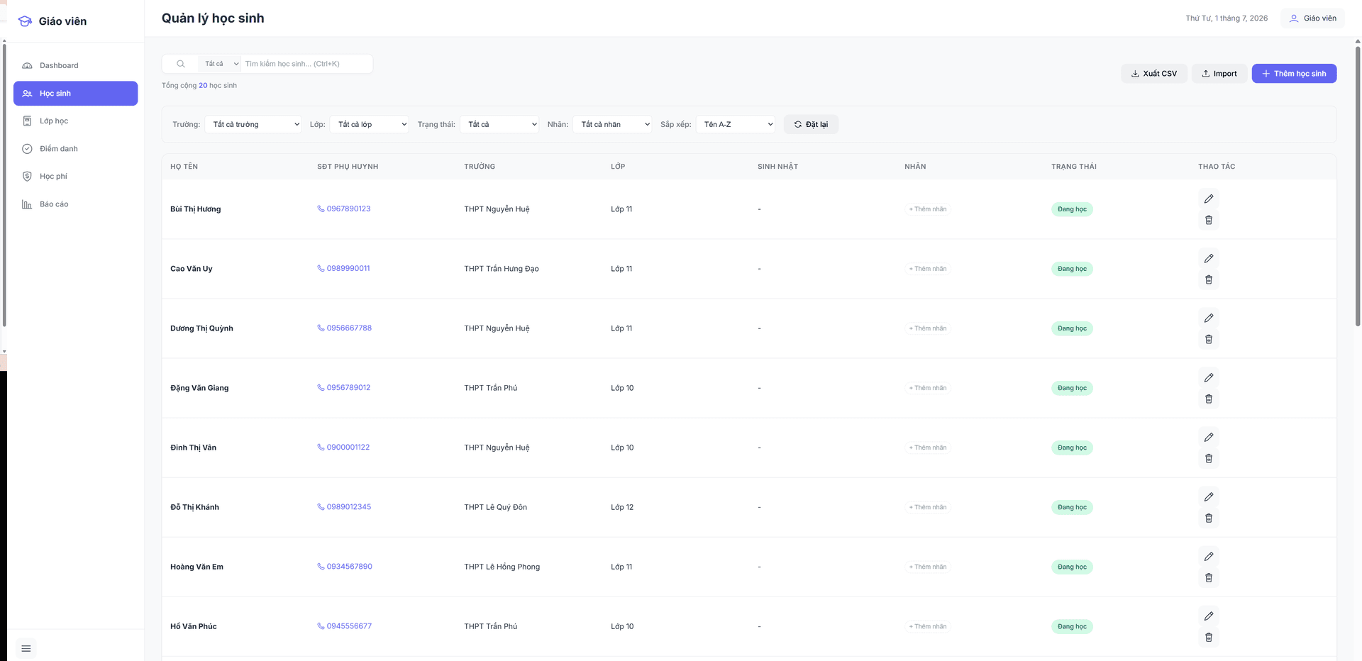 Giao diện phần mềm quản lý dạy thêm trên Google Sheets