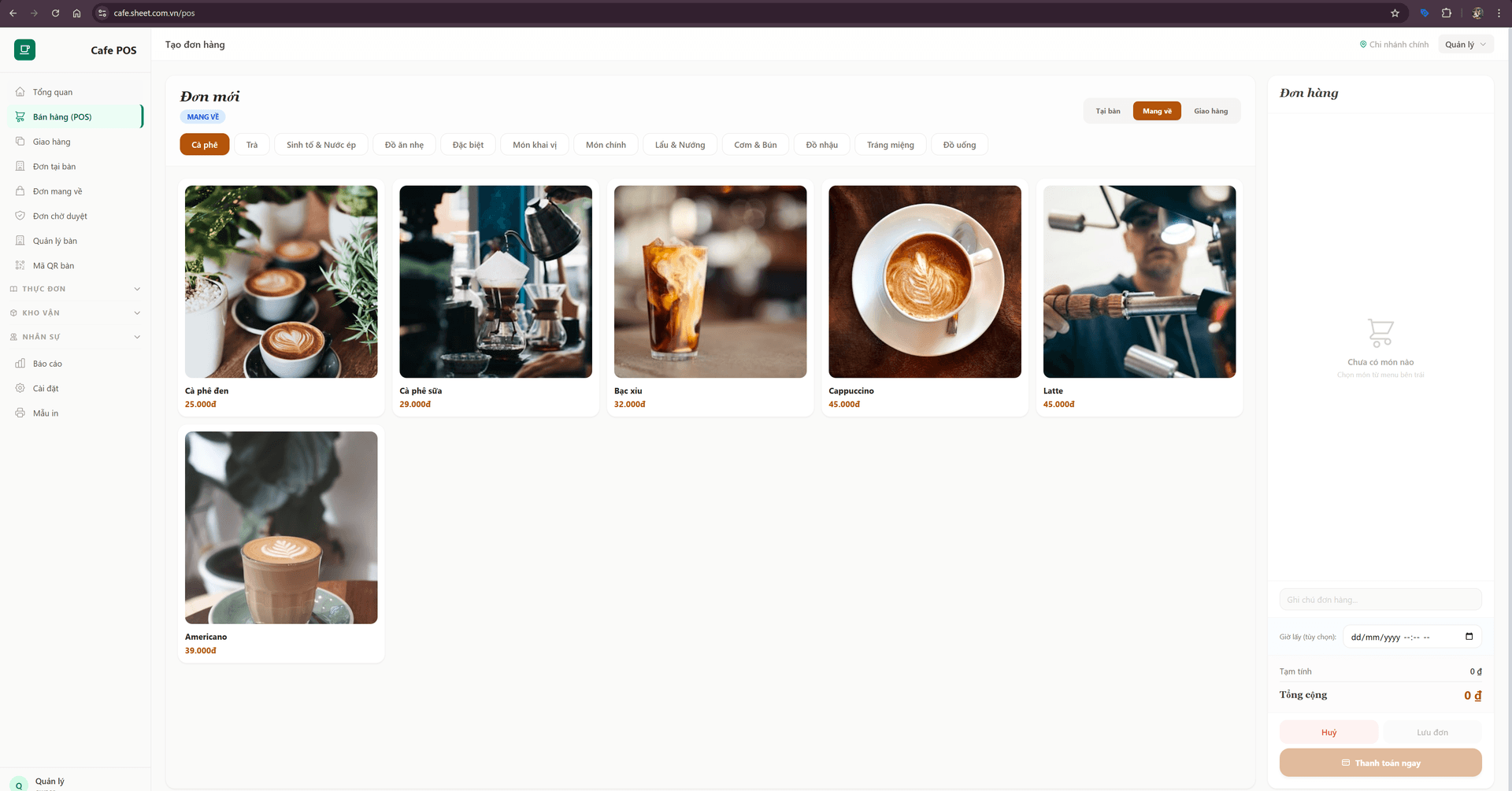 Giao diện phần mềm POS quán cafe nhà hàng