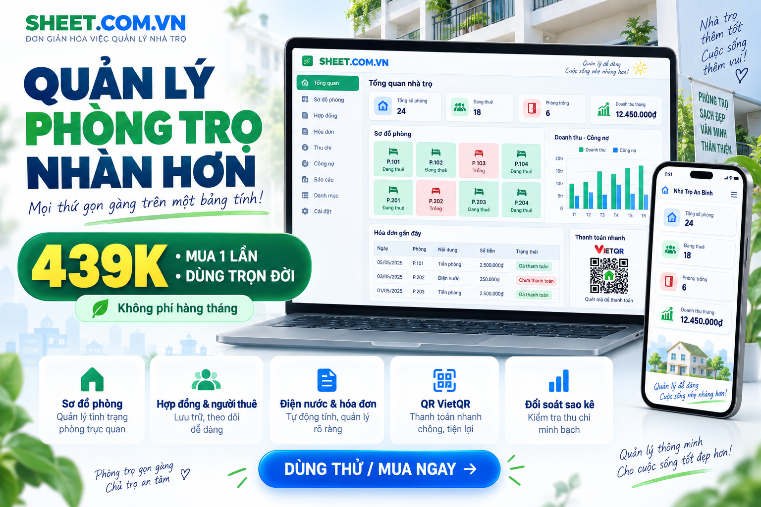 Phần Mềm Quản Lý Phòng Trọ  trên Google Sheets - ảnh 2