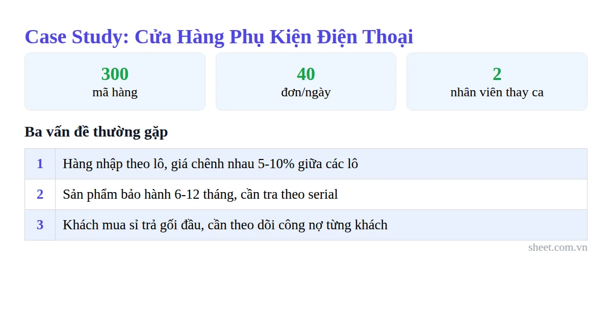 Sơ đồ tình huống minh họa cửa hàng phụ kiện điện thoại với quy mô và ba vấn đề vận hành