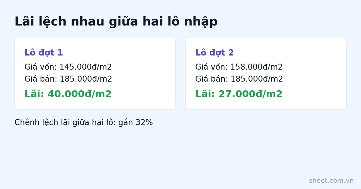 So sánh lãi mỗi m2 giữa hai lô gạch nhập giá vốn khác nhau