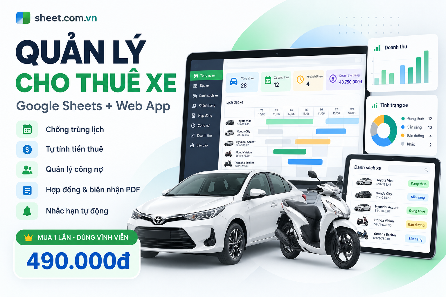 Giao diện thực tế của Phần Mềm Quản Lý Cho Thuê Xe google sheet