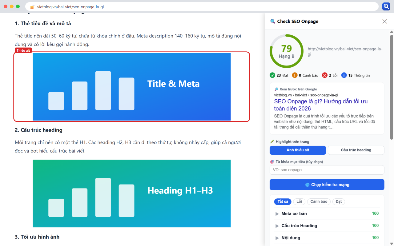 Panel chi tiết của Check SEO Onpage với ảnh thiếu alt được tô viền đỏ ngay trên trang và bản xem trước kết quả Google