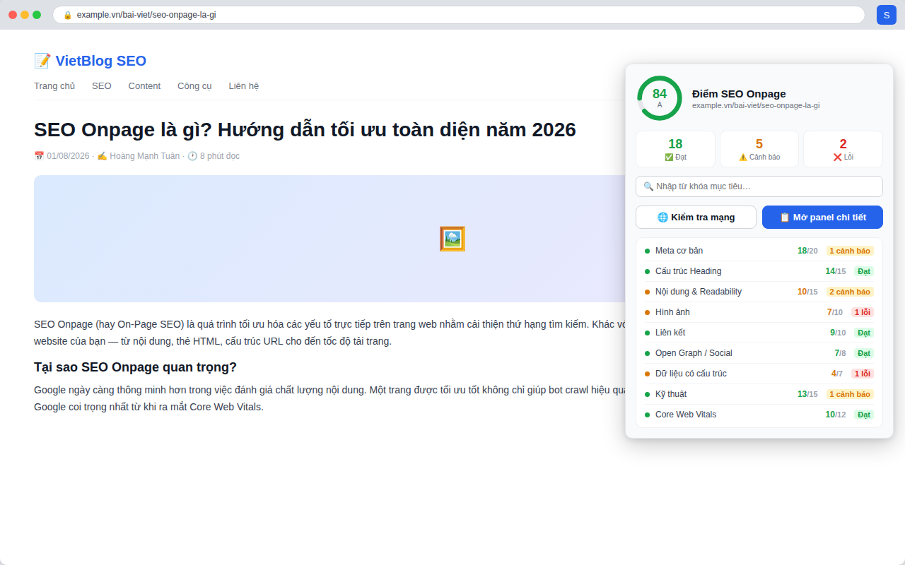 Check SEO Onpage chấm điểm SEO onpage cho bài viết đang mở, hiển thị điểm 84 hạng A và kết quả theo từng nhóm tiêu chí