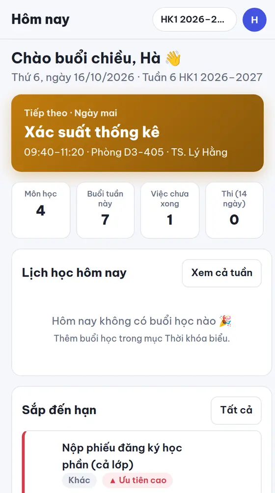 Màn hình Hôm nay của Lịch Học trên điện thoại: buổi học tiếp theo, bài sắp đến hạn